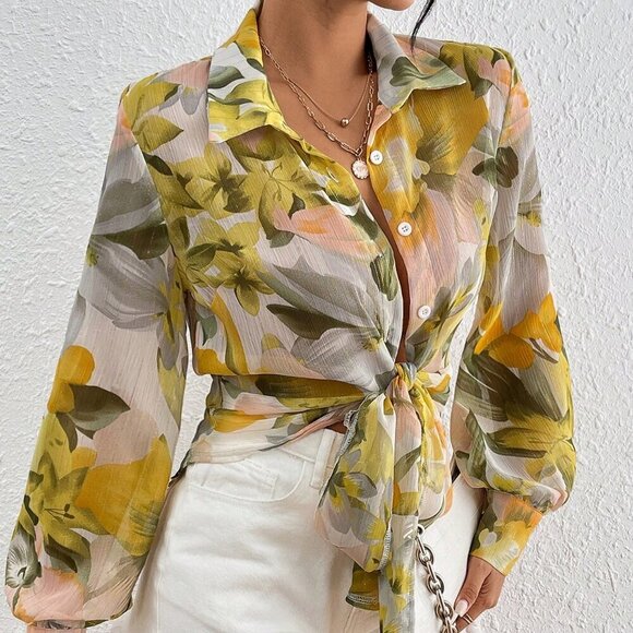 Yellow Boho Women's  Turn-Down Collar Button down floral blouse - Picture 4 of 6